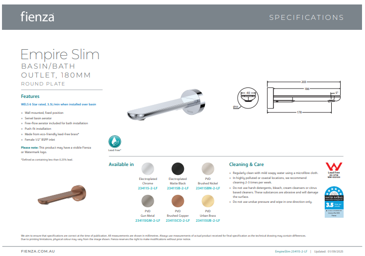 Fienza Empire Slim Basin/Bath Outlet, Round Plate, 180mm