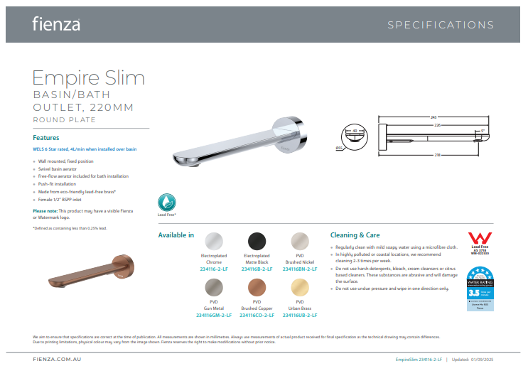 Empire Slim Basin/Bath Outlet, Round Plate, 220mm