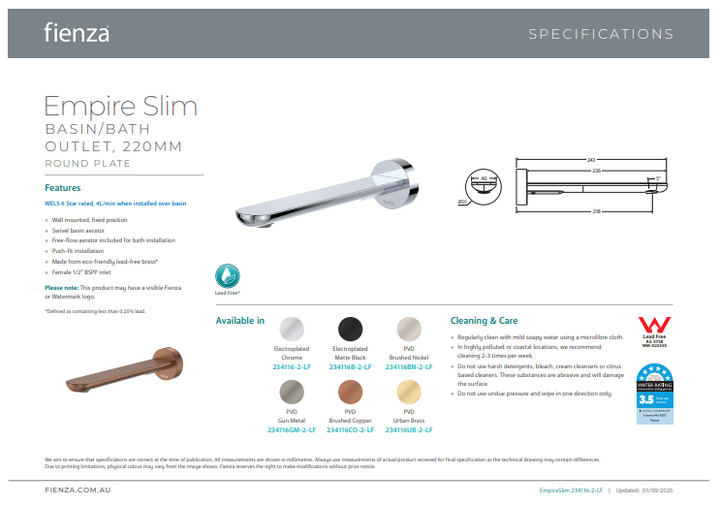 Empire Slim Basin/Bath Outlet, Round Plate, 220mm