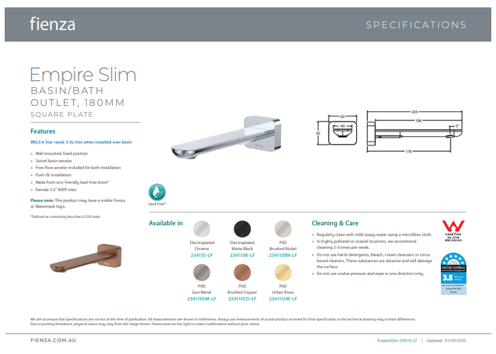 Fienza Empire Slim Basin/Bath Outlet, Square Plate, 180mm