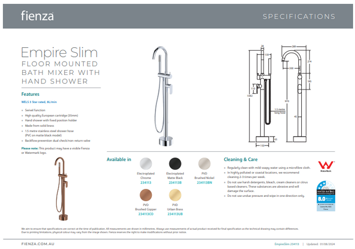 Fienza Empire Slim Floor Mounted Bath Mixer with Hand Shower