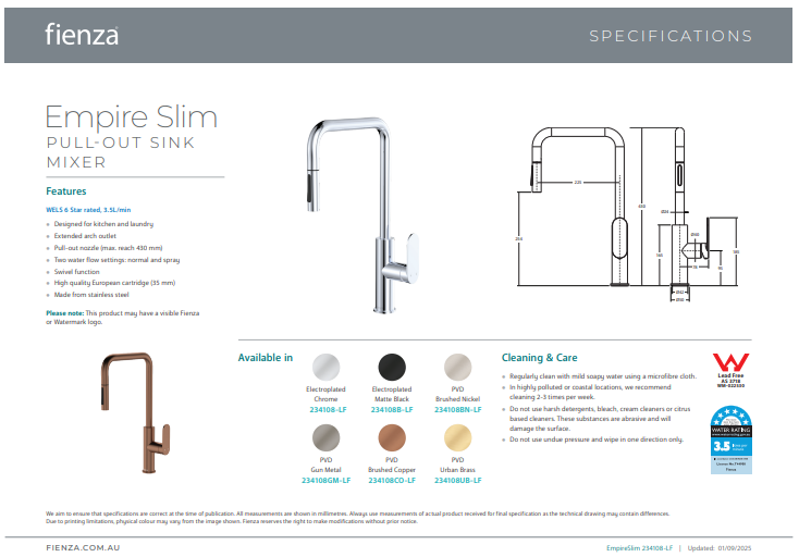 Fienza Empire Slim Pull-Out Sink Mixer
