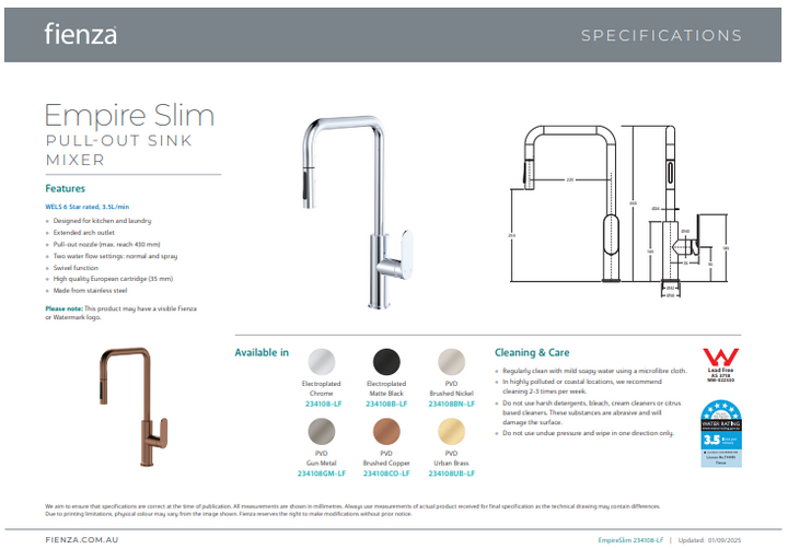 Fienza Empire Slim Pull-Out Sink Mixer