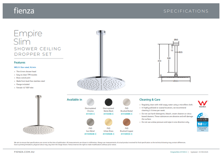 Fienza Empire Slim Ceiling Shower 300mm Head, 350mm Drop