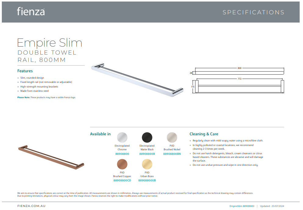 Empire Slim Double Towel Rail, 800mm