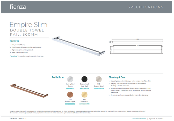 Empire Slim Double Towel Rail, 800mm