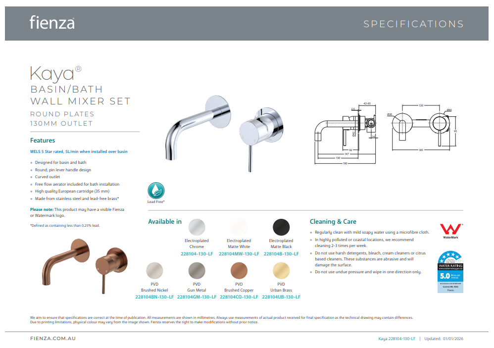 Fienza Kaya Basin/Bath Wall Mixer Set, Round Plates, 130mm Outlet