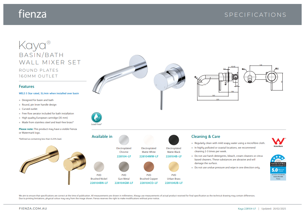 Fienza Kaya Basin/Bath Wall Mixer Set, Round Plates, 160mm Outlet