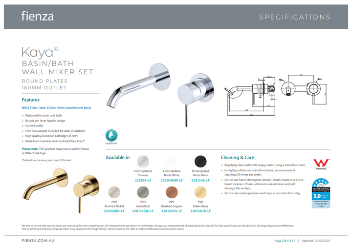 Fienza Kaya Basin/Bath Wall Mixer Set, Round Plates, 160mm Outlet