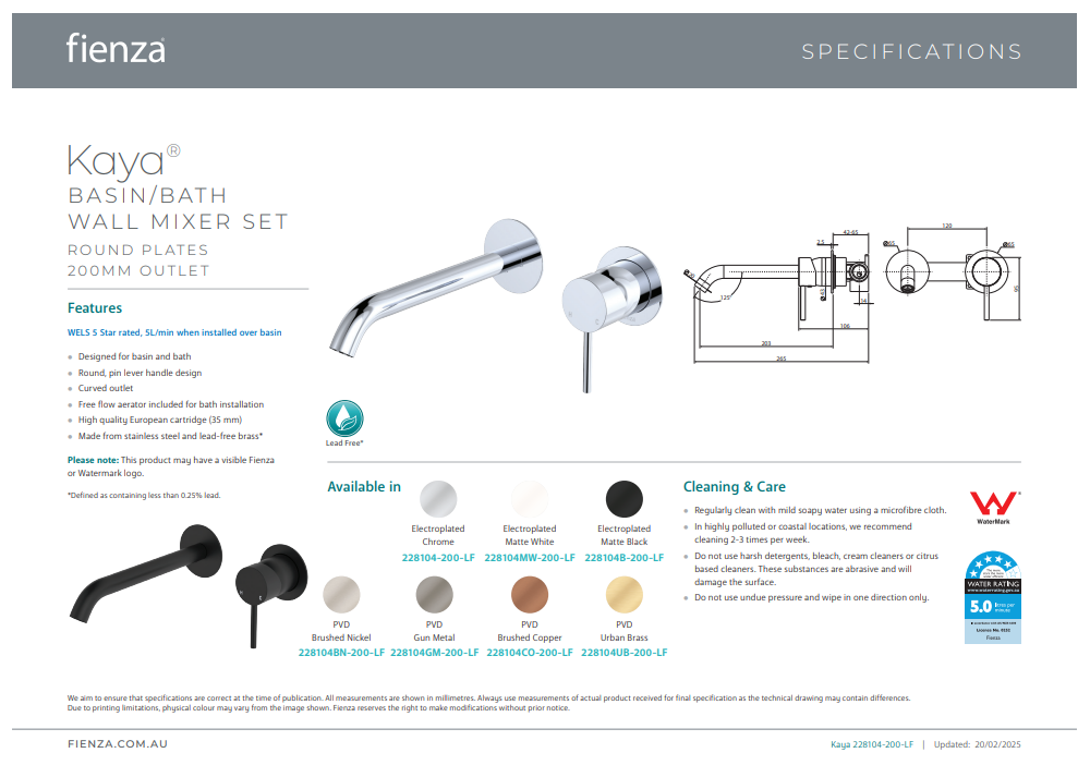 Fienza Kaya Basin/Bath Wall Mixer Set, Round Plates, 200mm Outlet