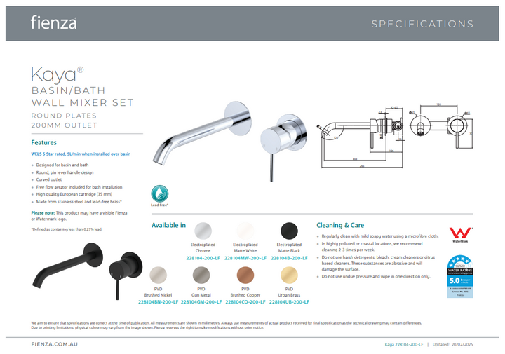 Fienza Kaya Basin/Bath Wall Mixer Set, Round Plates, 200mm Outlet