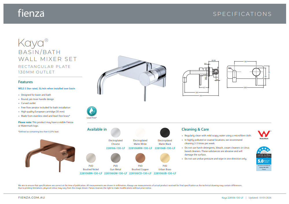 Fienza Kaya Basin/Bath Wall Mixer Set, Rectangular Plates, 130mm Outlet