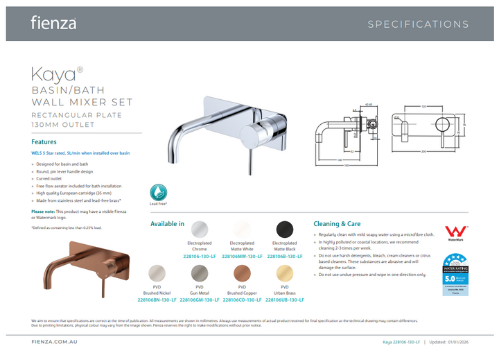 Fienza Kaya Basin/Bath Wall Mixer Set, Rectangular Plates, 130mm Outlet