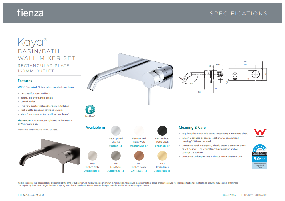 Kaya Basin/Bath Wall Mixer Set, Rectangular Plate, 160mm Outlet