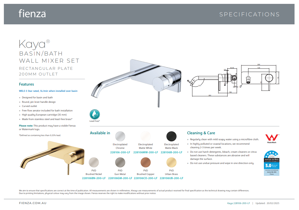 Kaya Basin/Bath Wall Mixer Set, Rectangular Plate, 200mm Outlet