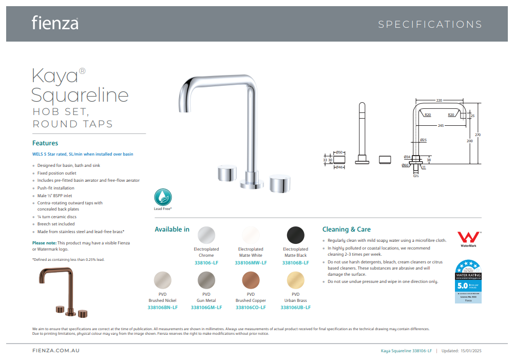 Fienza Kaya Squareline Hob Set, Round Taps