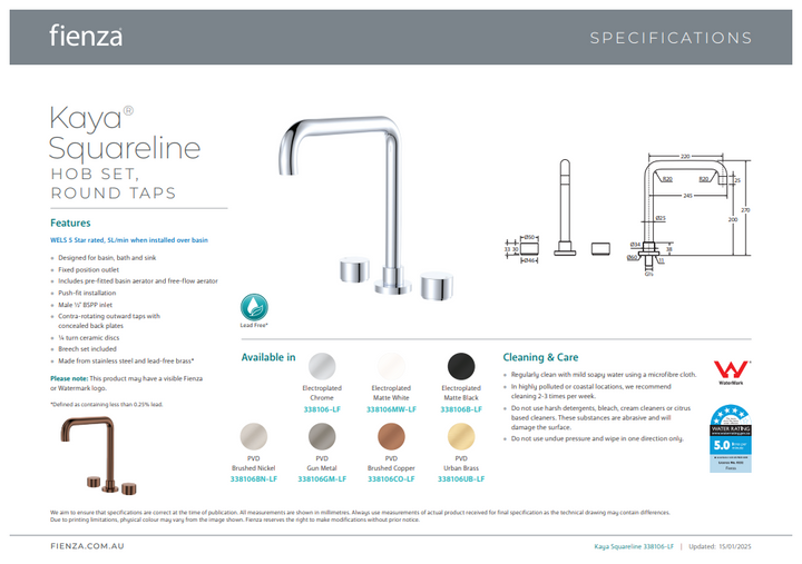 Fienza Kaya Squareline Hob Set, Round Taps