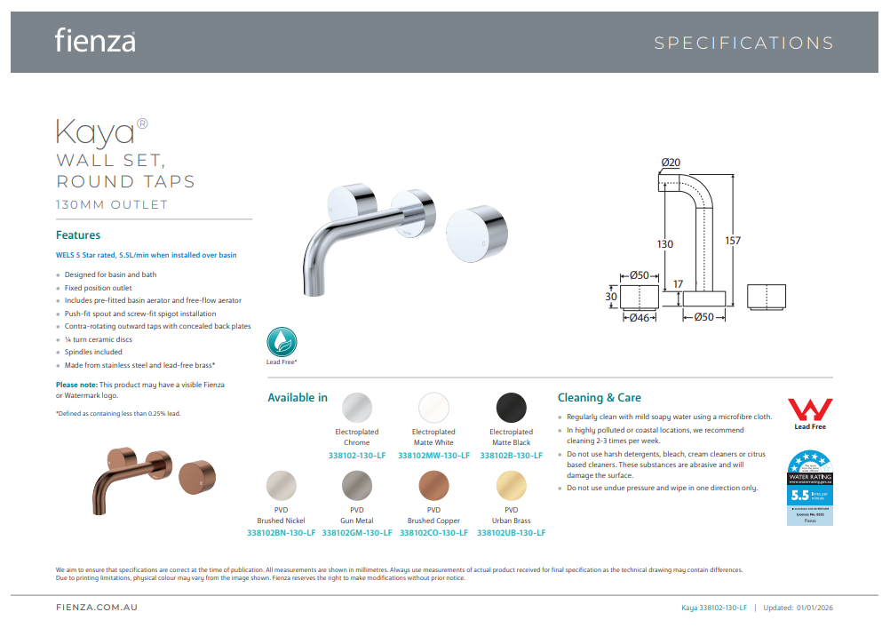 Fienza Kaya Wall Set, Round Taps 130mm