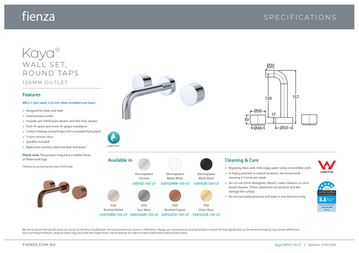 Fienza Kaya Wall Set, Round Taps 130mm