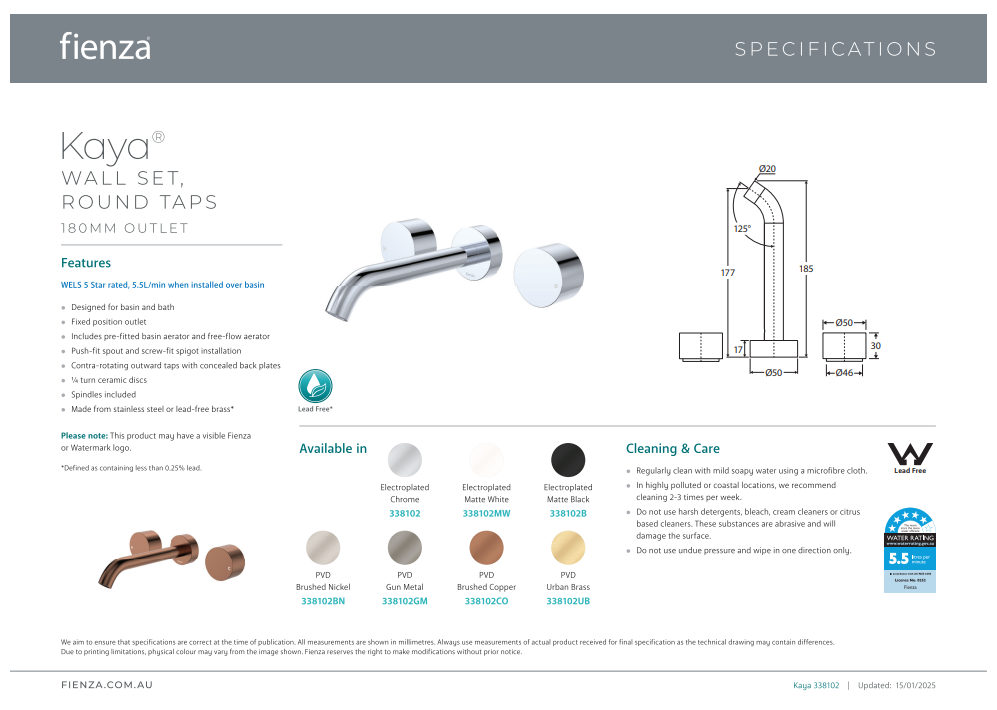 Fienza Kaya Wall Set, Round Taps 180mm