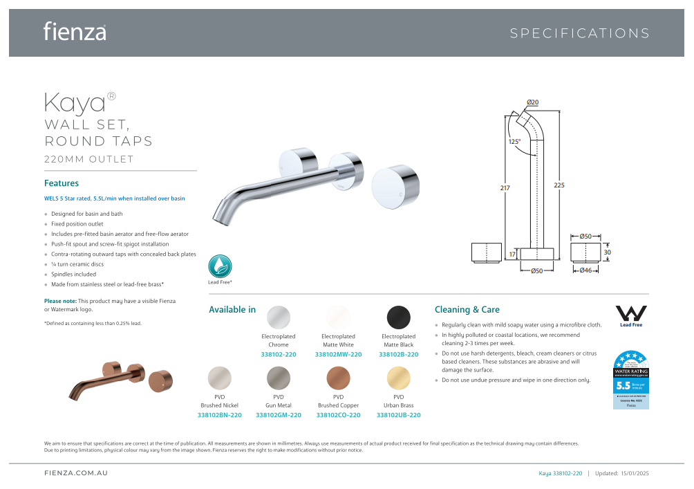 Fienza Kaya Wall Set, Round Taps 220mm