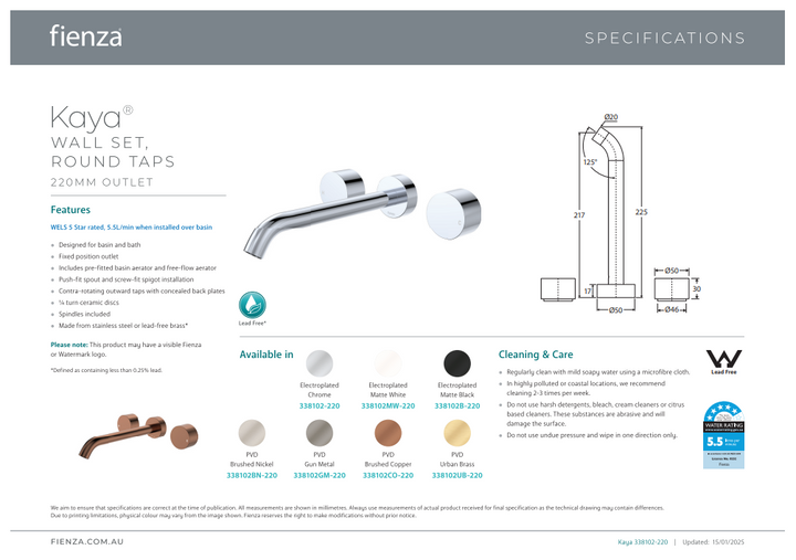 Fienza Kaya Wall Set, Round Taps 220mm