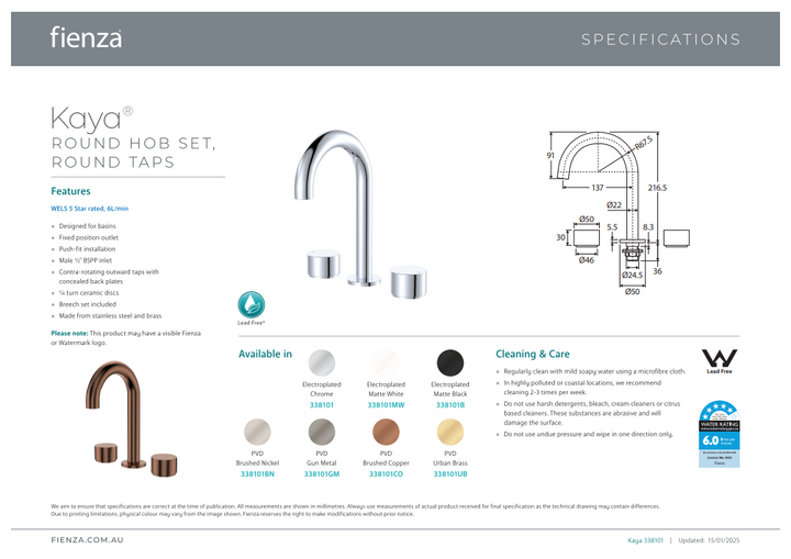 Fienza Kaya Round Hob Set, Round Taps
