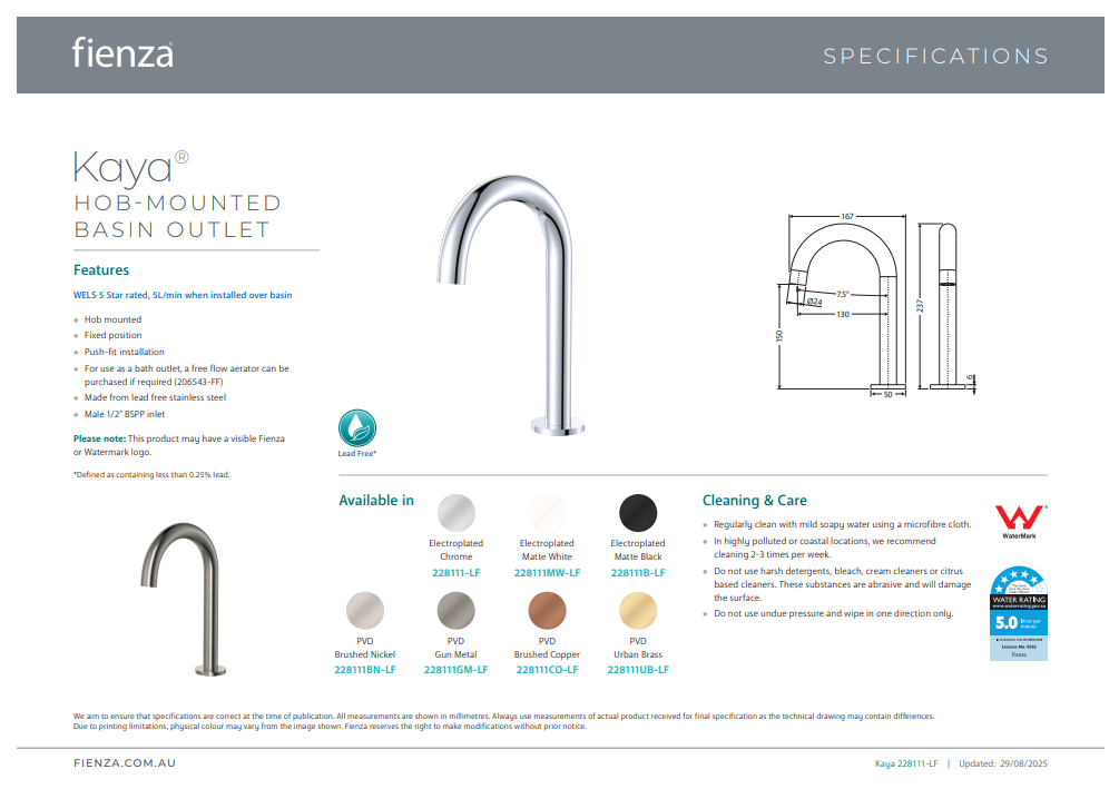 Fienza Kaya Hob Mounted Basin Outlet