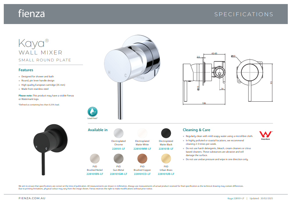 Fienza Kaya Wall Mixer, Small Round Plate