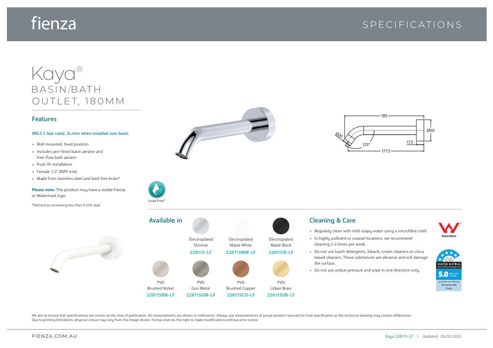 Fienza Kaya Basin/Bath Outlet, 180mm