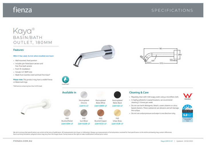 Fienza Kaya Basin/Bath Outlet, 180mm