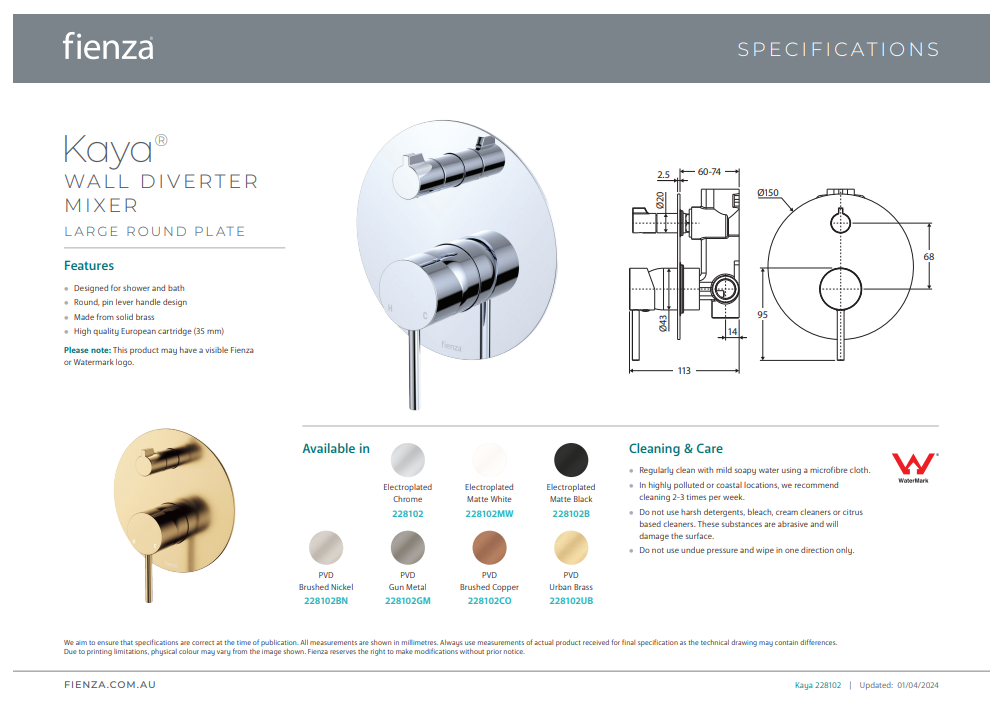 Kaya Wall Diverter Mixer, Large Round Plate