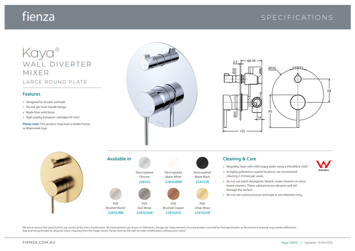 Kaya Wall Diverter Mixer, Large Round Plate