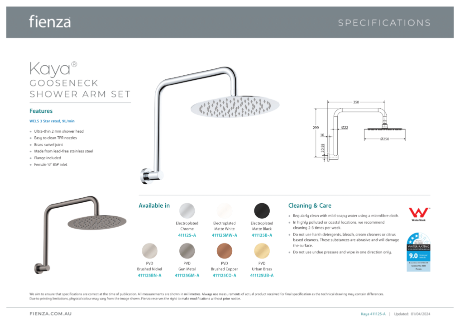 Fienza Kaya Gooseneck Shower Arm Set