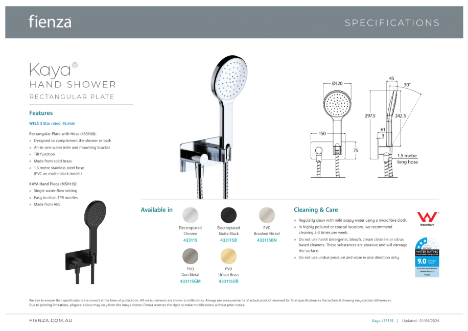 Fienza Kaya Hand Shower, Rectangular Plate