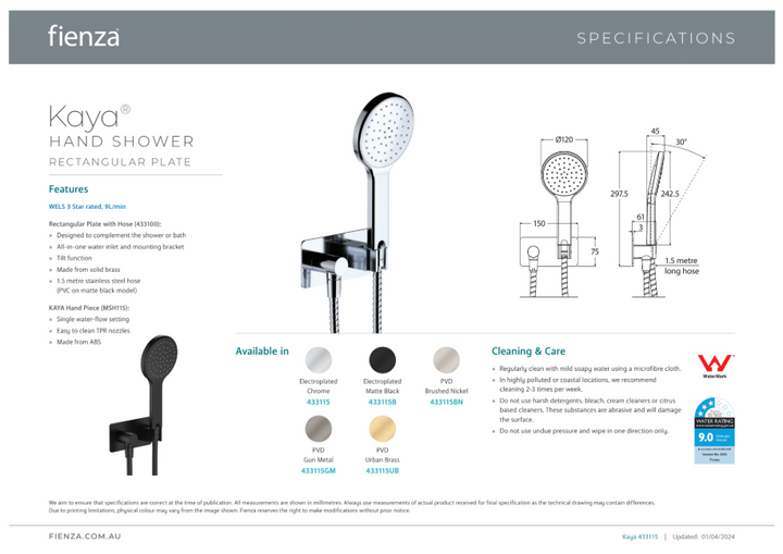 Fienza Kaya Hand Shower, Rectangular Plate