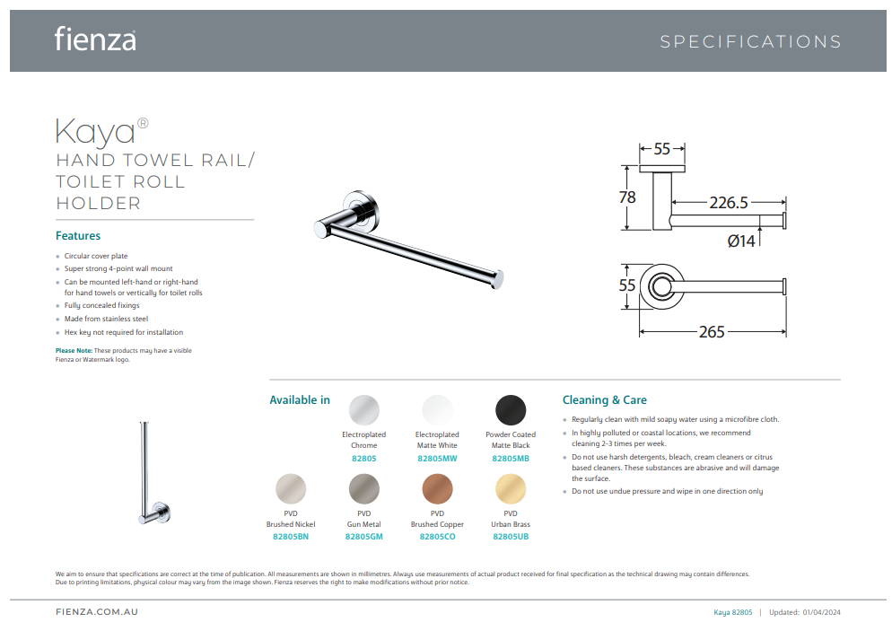 Fienza Kaya Hand Towel Rail / Toilet Roll Holder