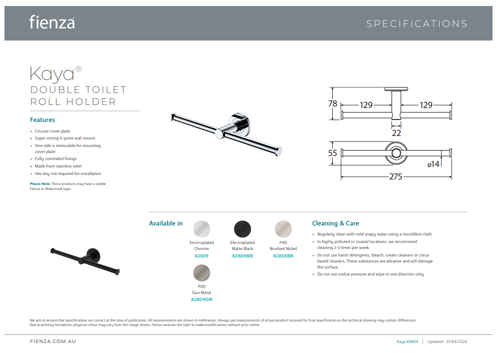 Fienza Kaya Double Toilet Roll Holder
