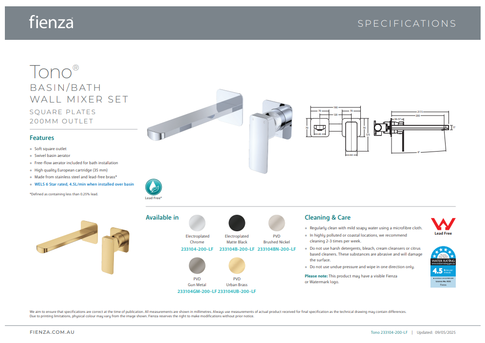 Tono Basin/Bath Wall Mixer Set, Square Plates, 200mm Outlet