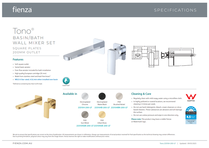 Tono Basin/Bath Wall Mixer Set, Square Plates, 200mm Outlet