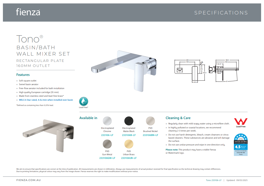 Tono Basin/Bath Wall Mixer Set, Rectangular Plate, 160mm Outlet