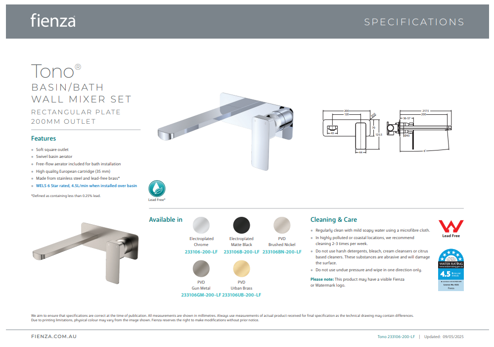 Tono Basin/Bath Wall Mixer Set, Rectangular Plate, 200mm