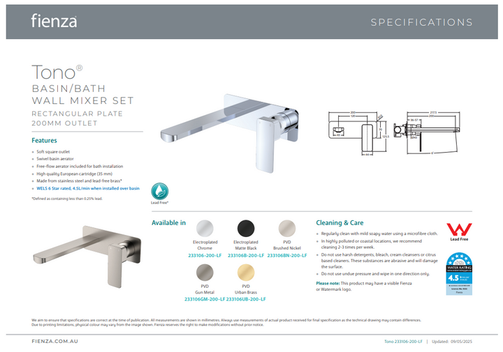 Tono Basin/Bath Wall Mixer Set, Rectangular Plate, 200mm