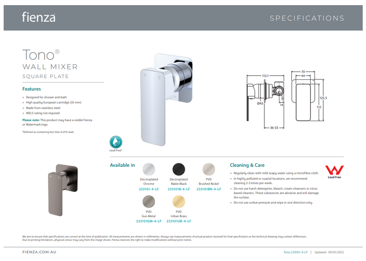 Fienza Tono Wall Mixer, Square Plate