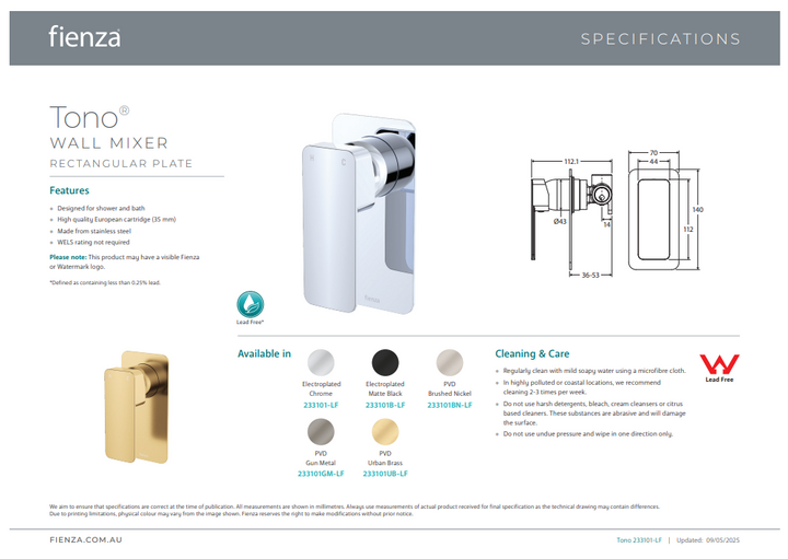 Tono Wall Mixer, Rectangular Plate