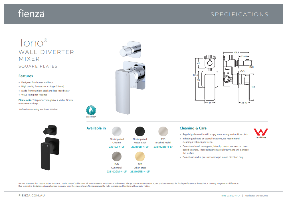 Fienza Tono Wall Diverter Mixer, Square Plates