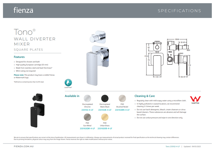 Fienza Tono Wall Diverter Mixer, Square Plates