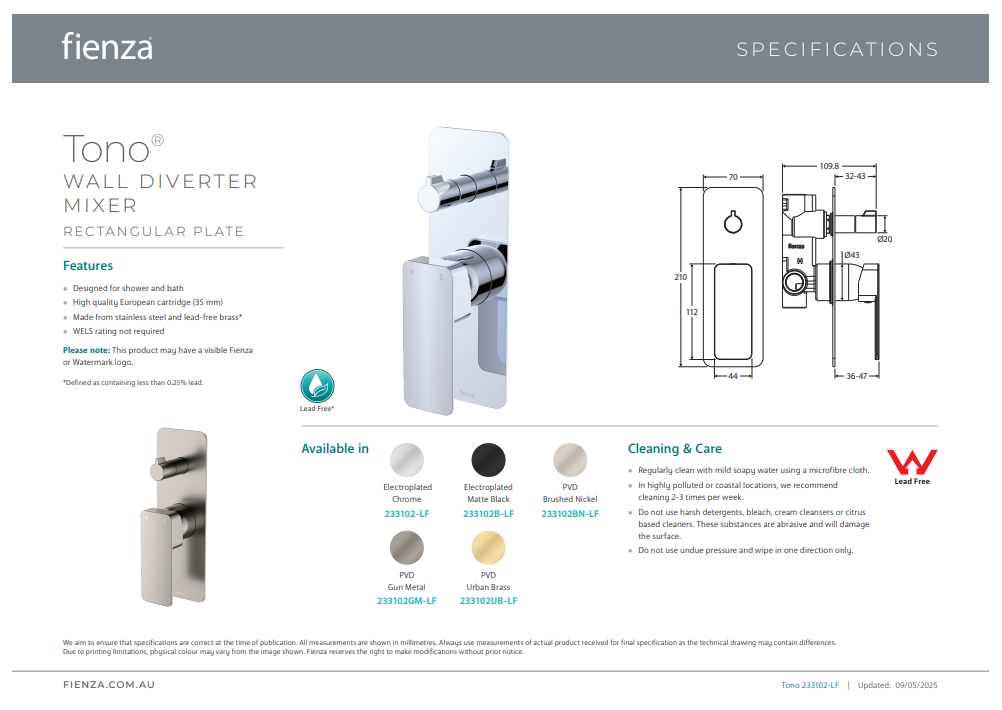 Fienza Tono Wall Diverter Mixer, Rectangular Plate
