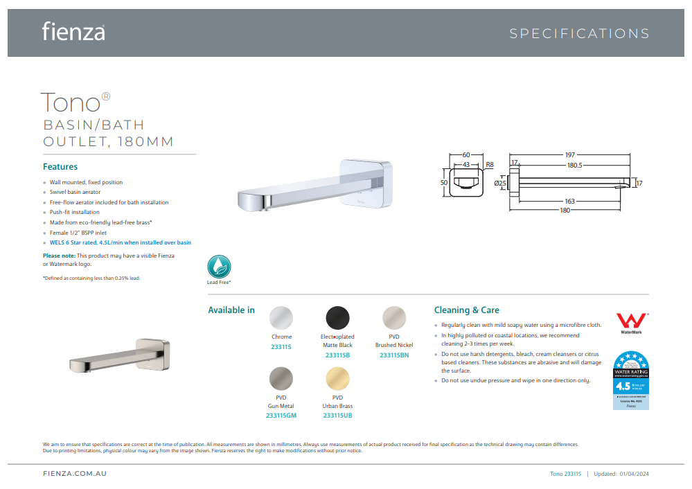 Fienza Tono 180 mm Basin/Bath Outlet