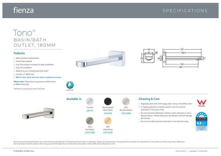 Fienza Tono 180 mm Basin/Bath Outlet